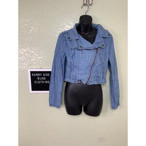 XXI Blue Denim Moto Jacket Graphic Back Patch Cropped Zip Front Size Medium